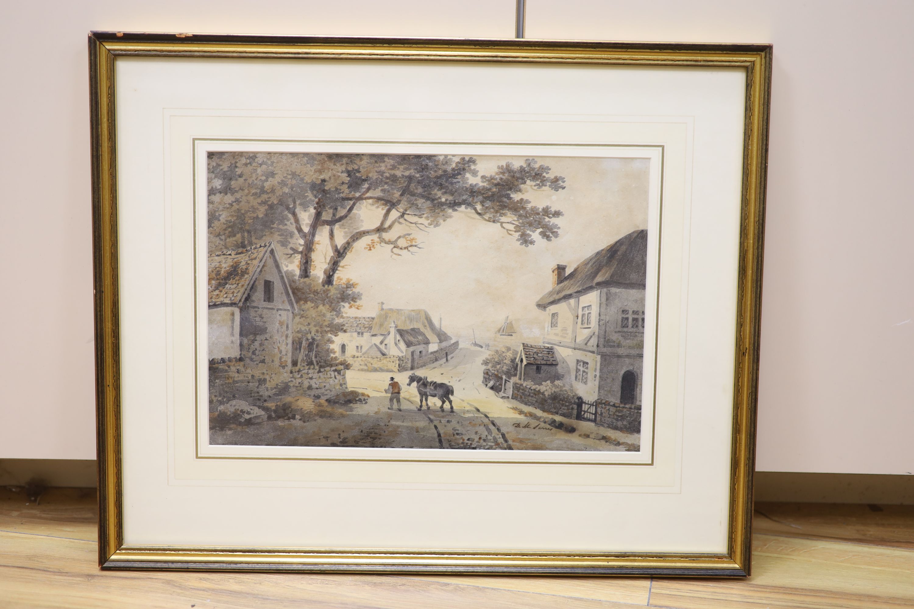 Dominic M. Serres (fl.1778-1804), watercolour, Horseman in a coastal village, signed, 24 x 35cm